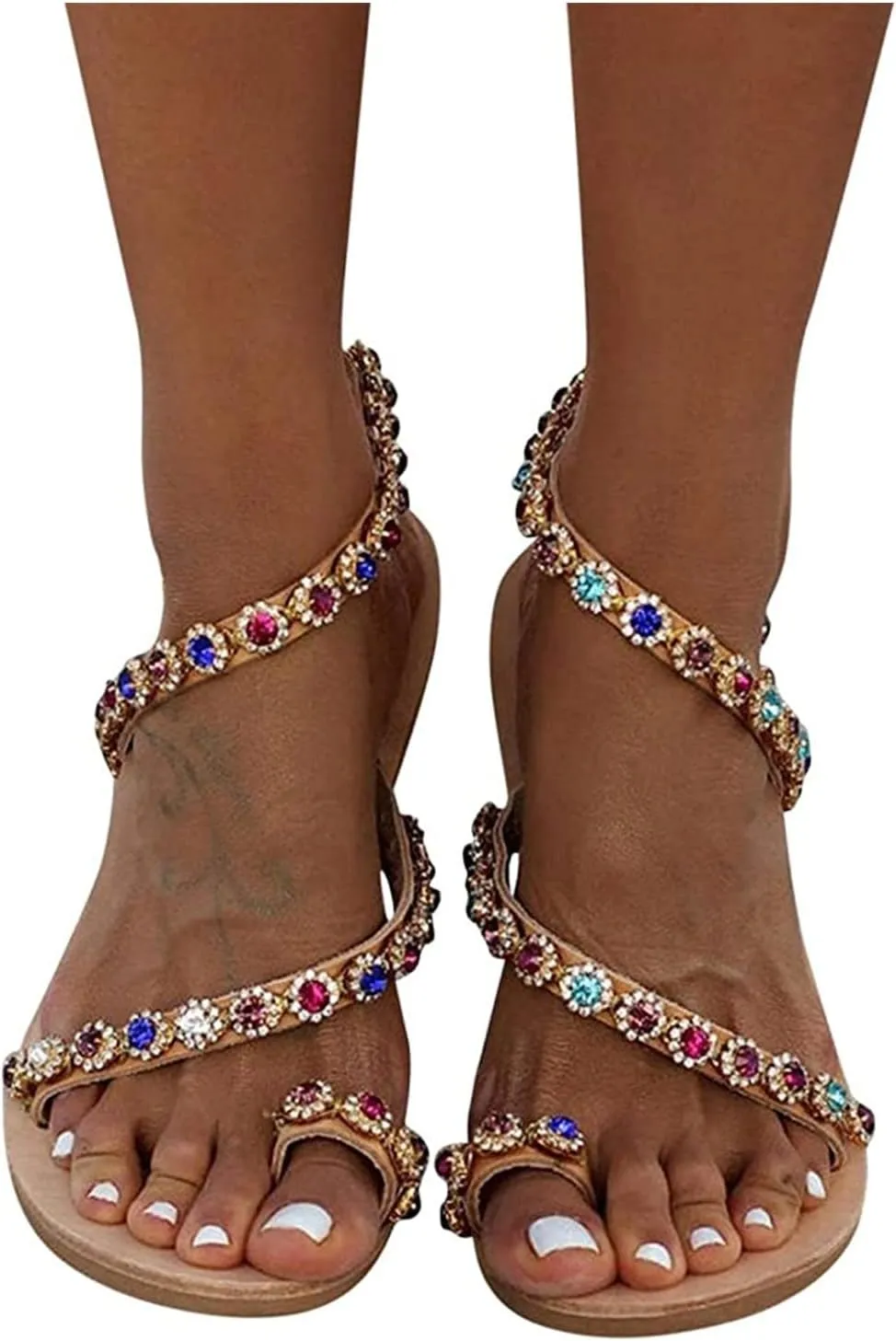 Sandals for Women Casual Summer, Floral Lace Up Flat Sandals T-Strap Summer Beach Glitter Flip-Flops Thong Sandals Shoes