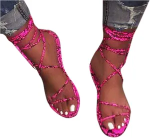 Sandals for Women Dressy,Women Gladiator Sandals Snakeskin Flat Summer Strappy Open Toe Knee High Flat Sandal