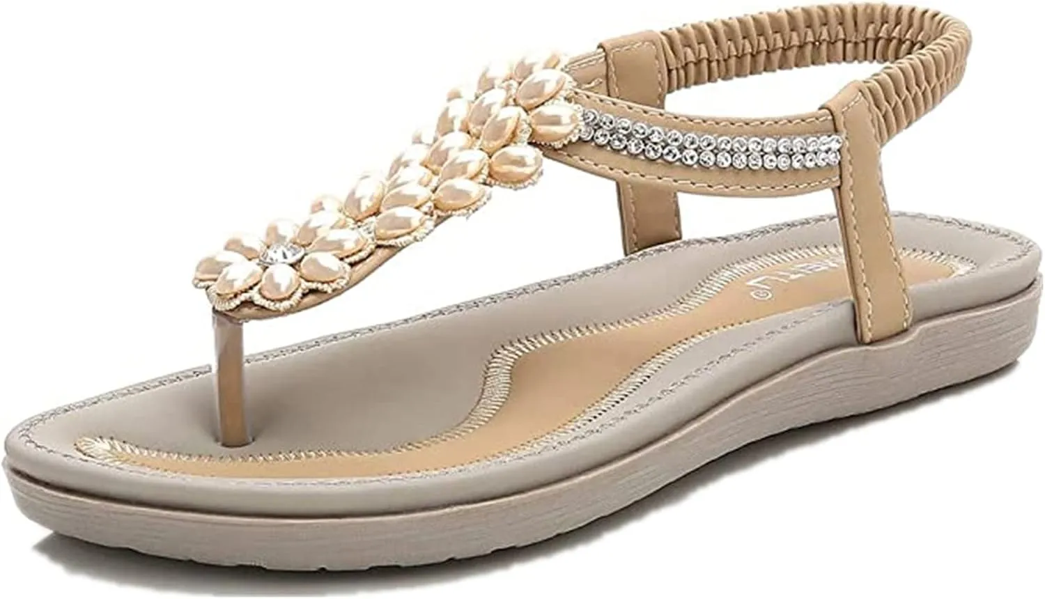 Sandals for Women Dressy,Womens Casual Summer Pearl Beaded Flip Flops Beach Comfortable Ankle T-Strap Flat Sandals Shoes