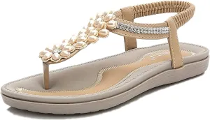 Sandals for Women Dressy,Womens Casual Summer Pearl Beaded Flip Flops Beach Comfortable Ankle T-Strap Flat Sandals Shoes