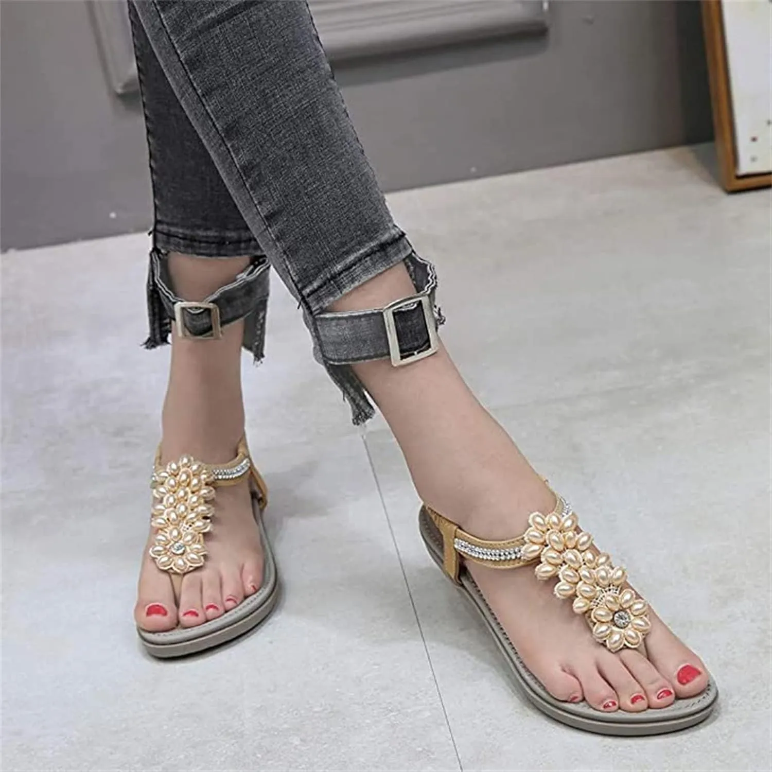 Sandals for Women Dressy,Womens Casual Summer Pearl Beaded Flip Flops Beach Comfortable Ankle T-Strap Flat Sandals Shoes