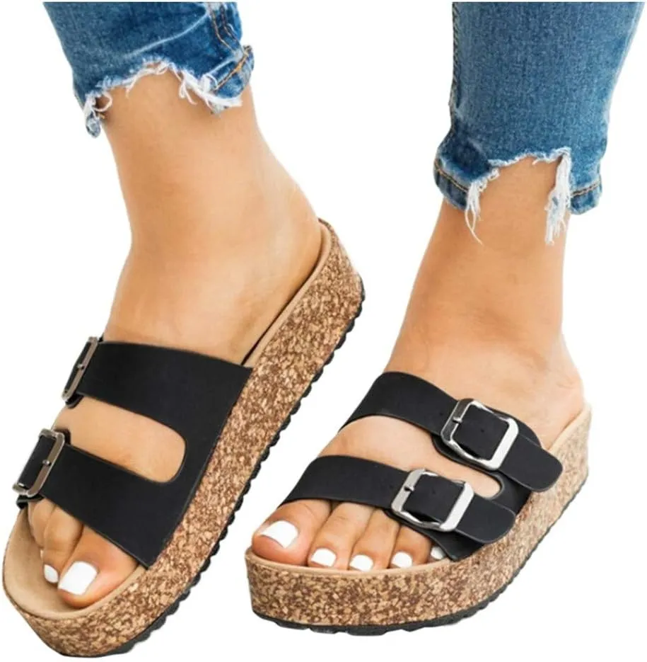 Sandals for Women Platform,Slip on Sandals with Soft Footbed and Buckle Strap Low Platform Slides Gifts for Women