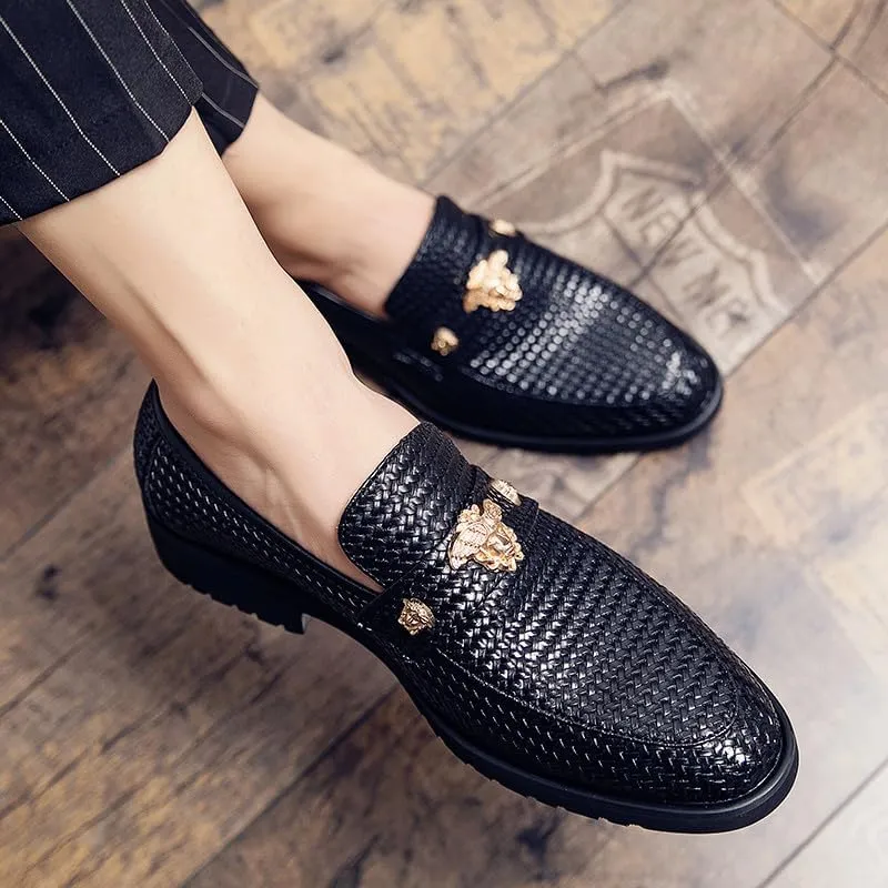 Santimon Men's Leather Woven Moc Toe Loafers, Medallion Detail, Wedding Party Dress Shoes