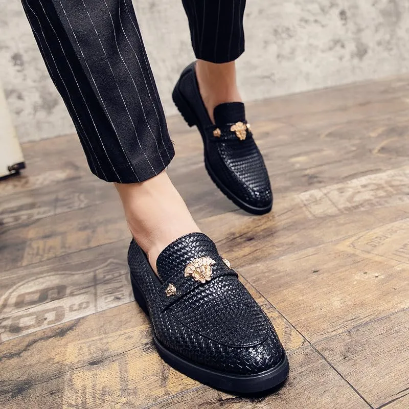 Santimon Men's Leather Woven Moc Toe Loafers, Medallion Detail, Wedding Party Dress Shoes