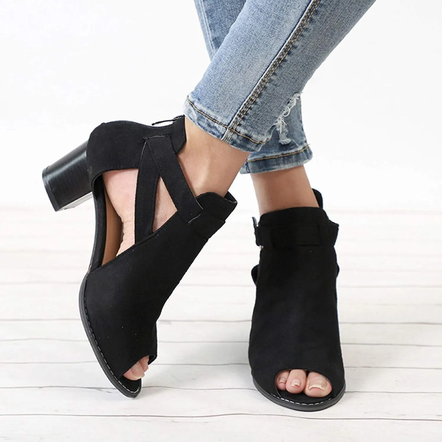 Shoes for Women Dressy, Womens Sandals Suede Peep Toe Ankle Booties Cut Out Stacked Block Heel Ankle Boots