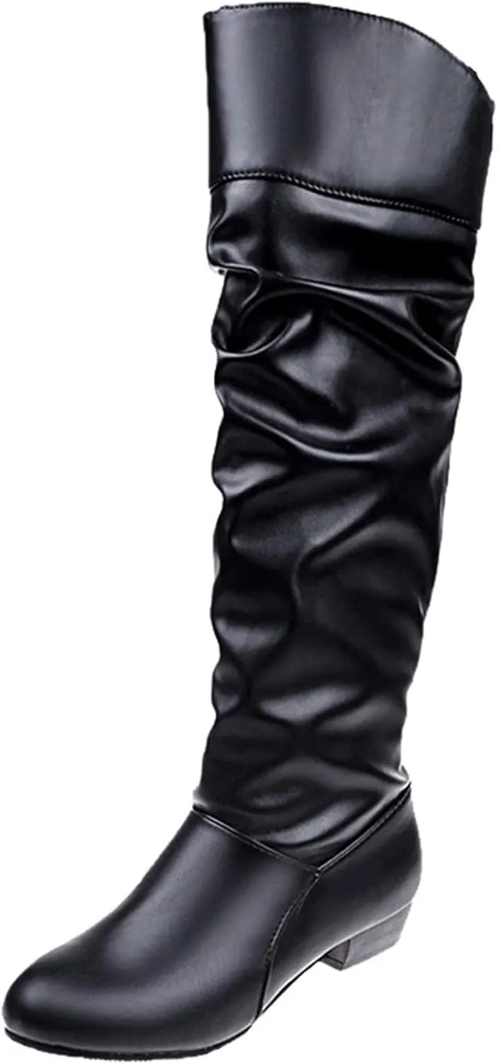 Shoes Knee-High High Women Color Boots Slip-On Heel Solid Round Boots Toe Women Knee High Leather Boots Wide Calf