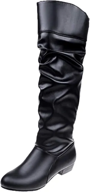 Shoes Knee-High High Women Color Boots Slip-On Heel Solid Round Boots Toe Women Knee High Leather Boots Wide Calf