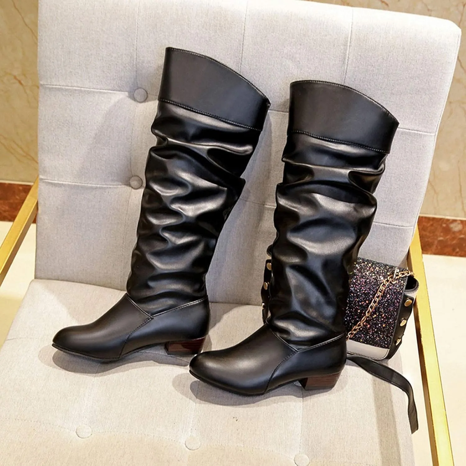 Shoes Knee-High High Women Color Boots Slip-On Heel Solid Round Boots Toe Women Knee High Leather Boots Wide Calf