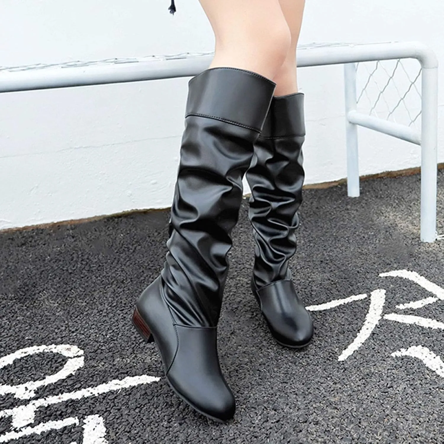 Shoes Knee-High High Women Color Boots Slip-On Heel Solid Round Boots Toe Women Knee High Leather Boots Wide Calf
