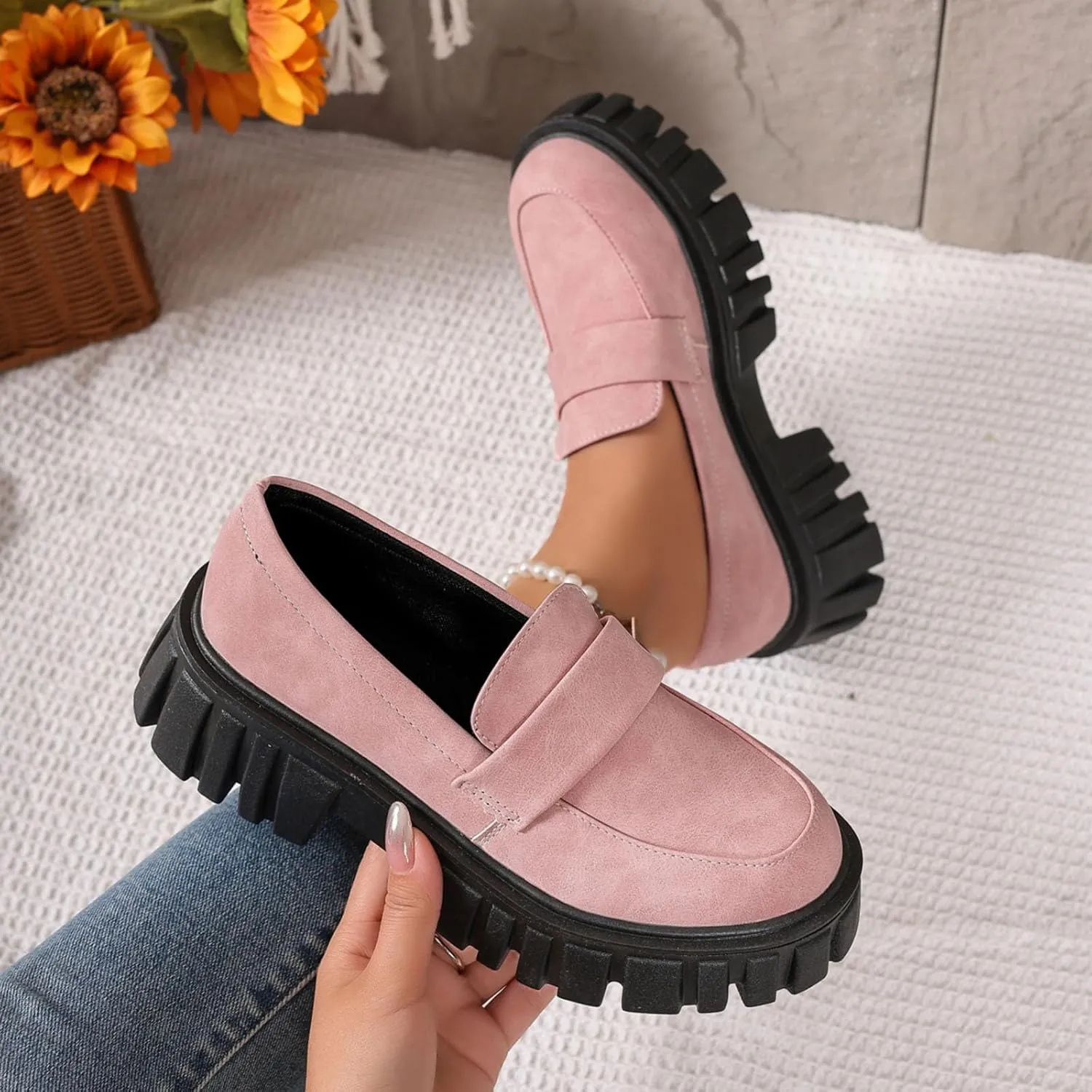 Slip-On Loafers for Women Leather Work Shoe Chunky Business Shoe Comfortable Dress Shoes Casual Platform Shoes