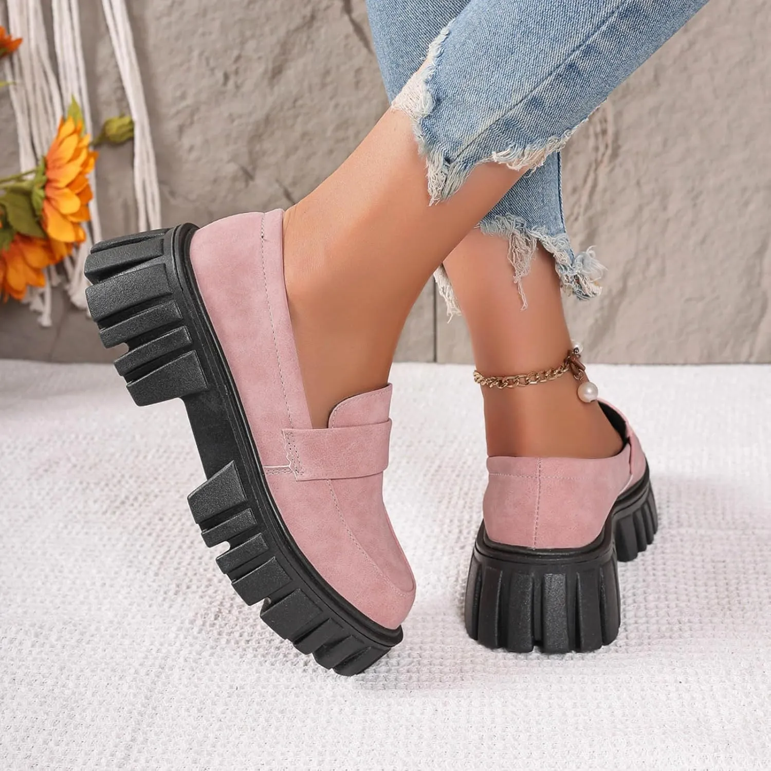 Slip-On Loafers for Women Leather Work Shoe Chunky Business Shoe Comfortable Dress Shoes Casual Platform Shoes