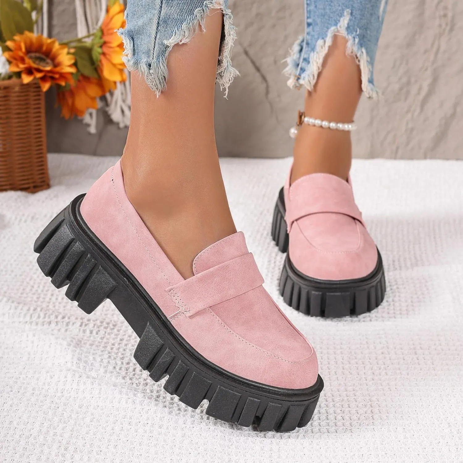 Slip-On Loafers for Women Leather Work Shoe Chunky Business Shoe Comfortable Dress Shoes Casual Platform Shoes