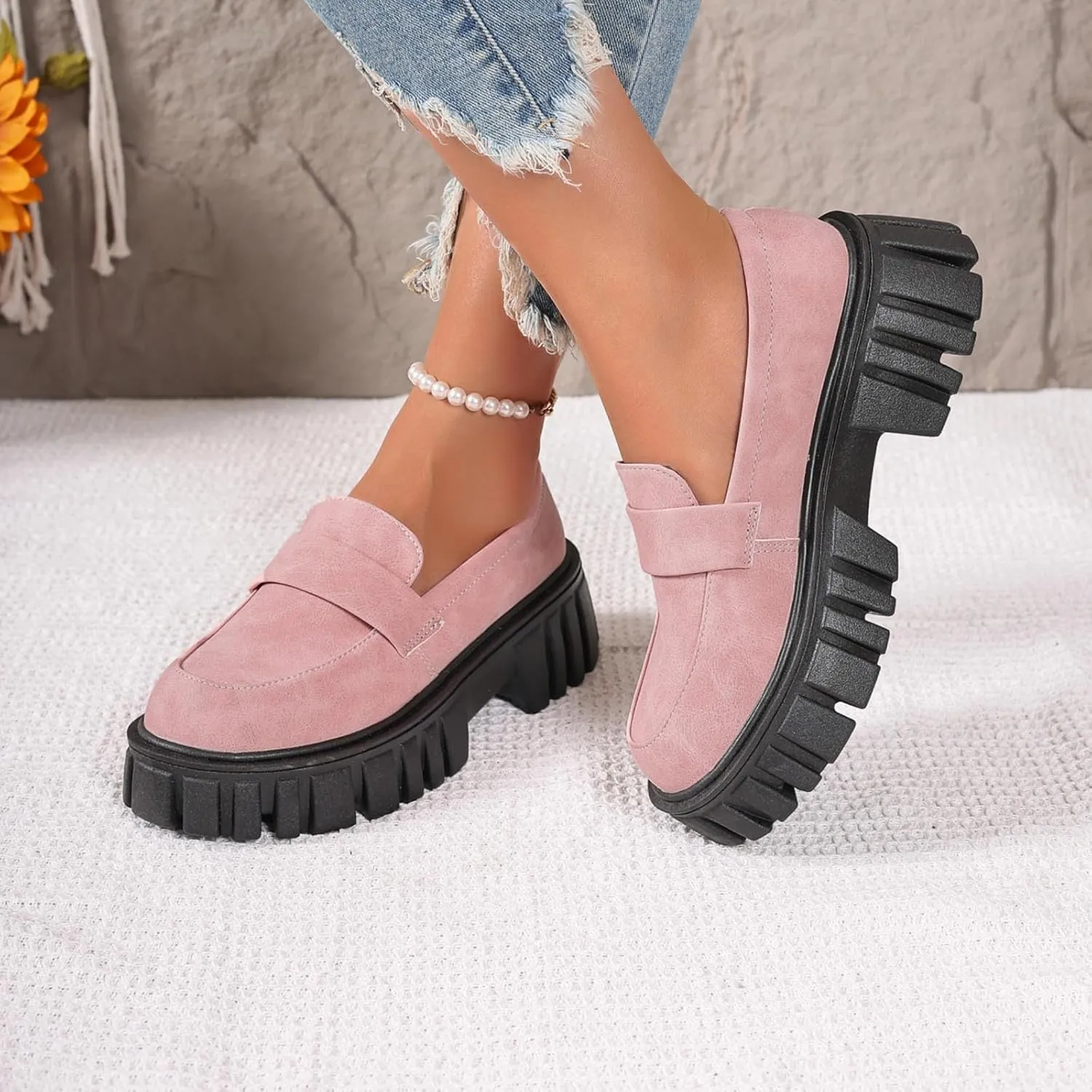 Slip-On Loafers for Women Leather Work Shoe Chunky Business Shoe Comfortable Dress Shoes Casual Platform Shoes