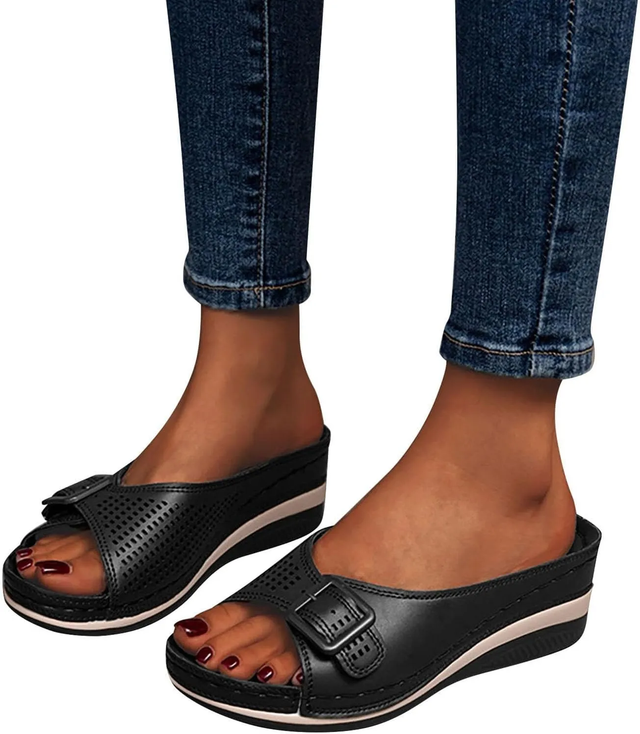 Slippers for Women Hollow Out Hook Loop Vamp Shoes Slip On Slide Arch Support Sandals Open Toe Thick Soles Mules Beach Walking Summer Slippers