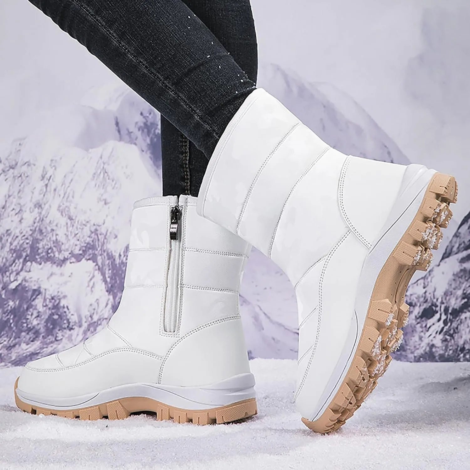 Snow Boots for Women Winter Shoes Water-proof Insulated Mid-Calf Booties Cold Weather Warm Fleece Lined Wide Outdoor Boot Platform Fashion High-Top Sneakers Comfortable Slip On Boots for Women