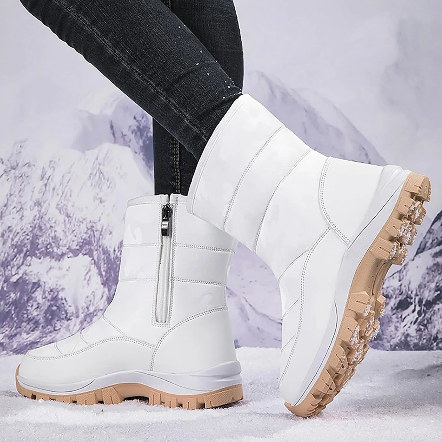 Snow Boots for Women Winter Shoes Water-proof Insulated Mid-Calf Booties Cold Weather Warm Fleece Lined Wide Outdoor Boot Platform Fashion High-Top Sneakers Comfortable Slip On Boots for Women