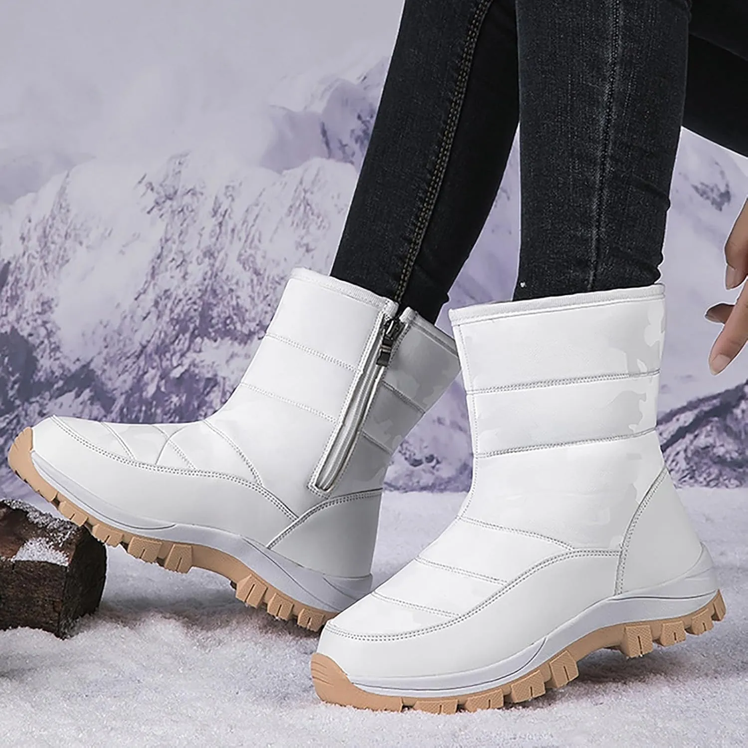 Snow Boots for Women Winter Shoes Water-proof Insulated Mid-Calf Booties Cold Weather Warm Fleece Lined Wide Outdoor Boot Platform Fashion High-Top Sneakers Comfortable Slip On Boots for Women