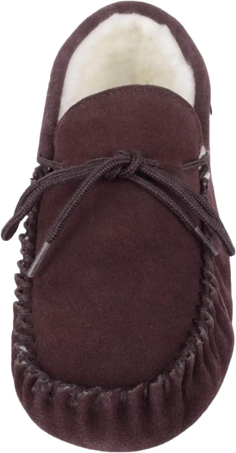 SNUGRUGS Womens Dark Brown Wool Lined Moccasin Slippers with Suede Sole.