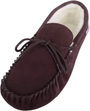 SNUGRUGS Womens Dark Brown Wool Lined Moccasin Slippers with Suede Sole.