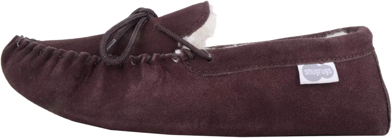 SNUGRUGS Womens Dark Brown Wool Lined Moccasin Slippers with Suede Sole.