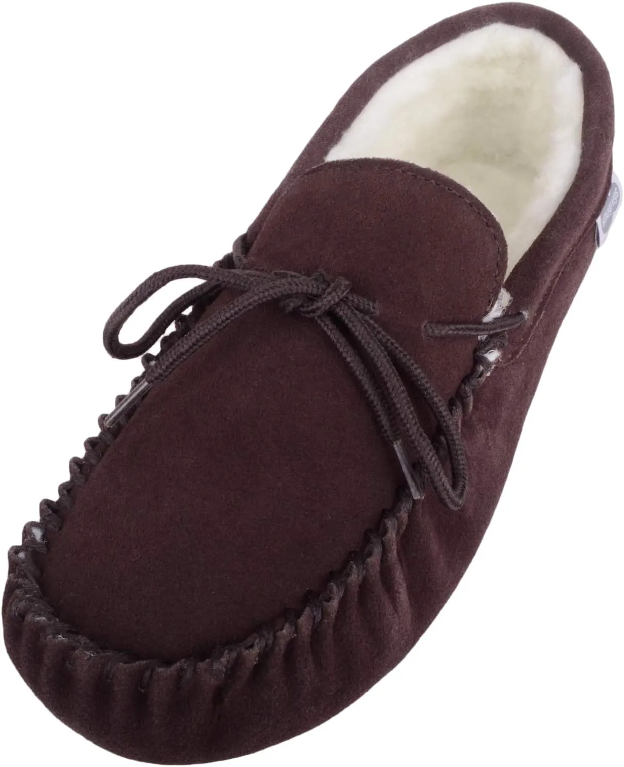SNUGRUGS Womens Dark Brown Wool Lined Moccasin Slippers with Suede Sole.