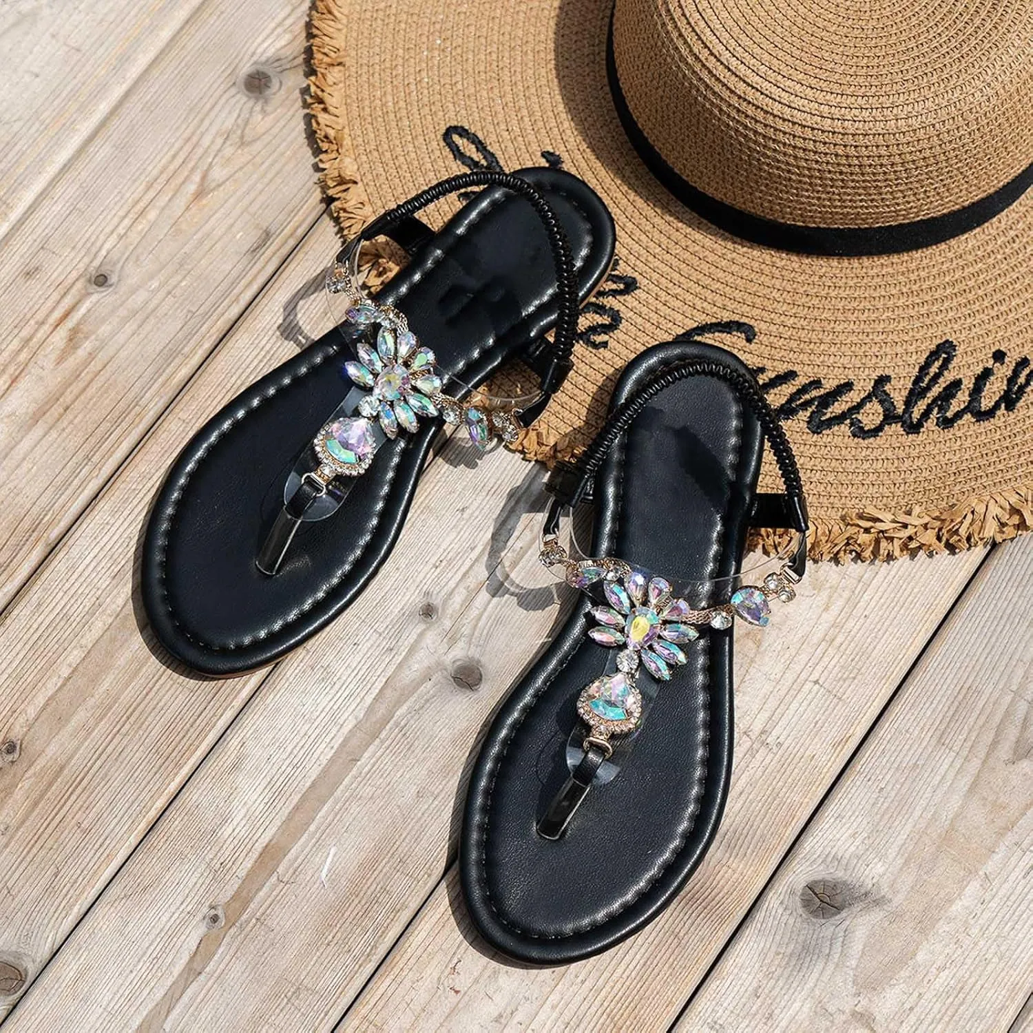 Sparkly Sandals for Women Dressy,Womens Strappy Sandals Comfortable Walking Flip Flops Comfort Walking Slip on Casual Summer Beach Shoes Ankle Elastic eweled Bohemian Flat ladiator Sandals