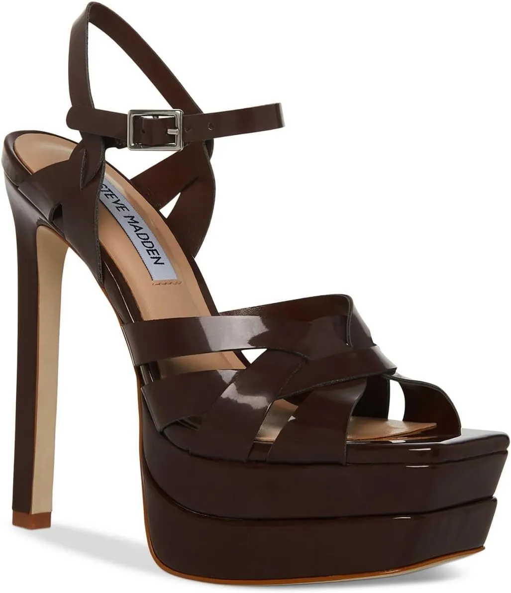 Steve Madden Women's Flirt Heeled Sandal, Brown Patent, 9.5