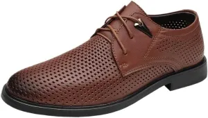 Summer Comfortable Lace-Up Flat Shoes Men's Casual Hollowout Breathable Leather Shoes Classic Low Top Non Slip Oxfords