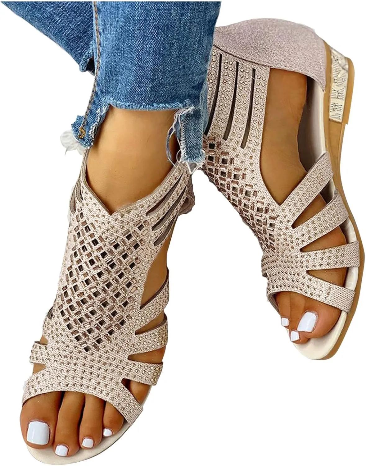 Summer Sandals for Women, Sandals for Women Dressy Boho Sandals Casual Sandals Low Wedges Peep Toe Wrapp Sandals