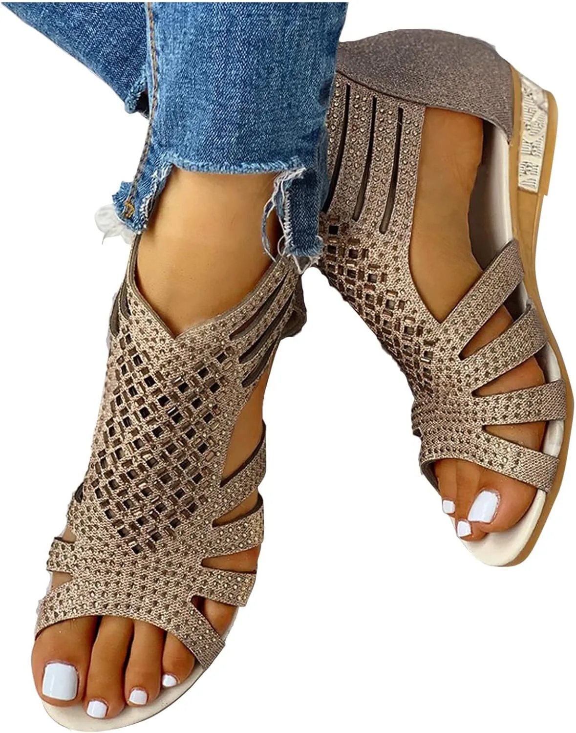 Summer Sandals for Women, Sandals for Women Dressy Boho Sandals Casual Sandals Low Wedges Peep Toe Wrapp Sandals