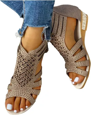 Summer Sandals for Women, Sandals for Women Dressy Boho Sandals Casual Sandals Low Wedges Peep Toe Wrapp Sandals