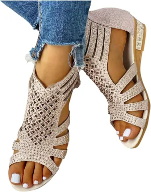 Summer Sandals for Women, Sandals for Women Dressy Boho Sandals Casual Sandals Low Wedges Peep Toe Wrapp Sandals