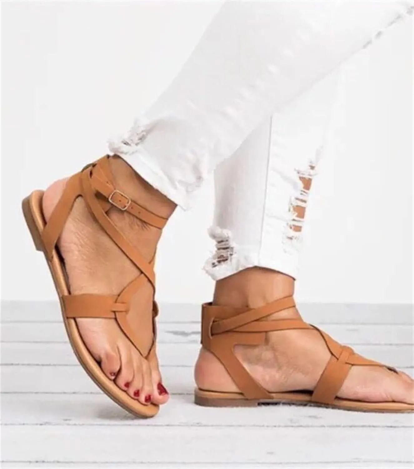 Summer Sandals For Women,Women's Cute Clip Toe Ankle Strap Dressy Flat Sandals Strappy T-Strap Gladiator Beach Sandals