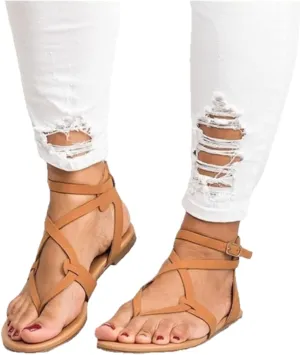 Summer Sandals For Women,Women's Cute Clip Toe Ankle Strap Dressy Flat Sandals Strappy T-Strap Gladiator Beach Sandals
