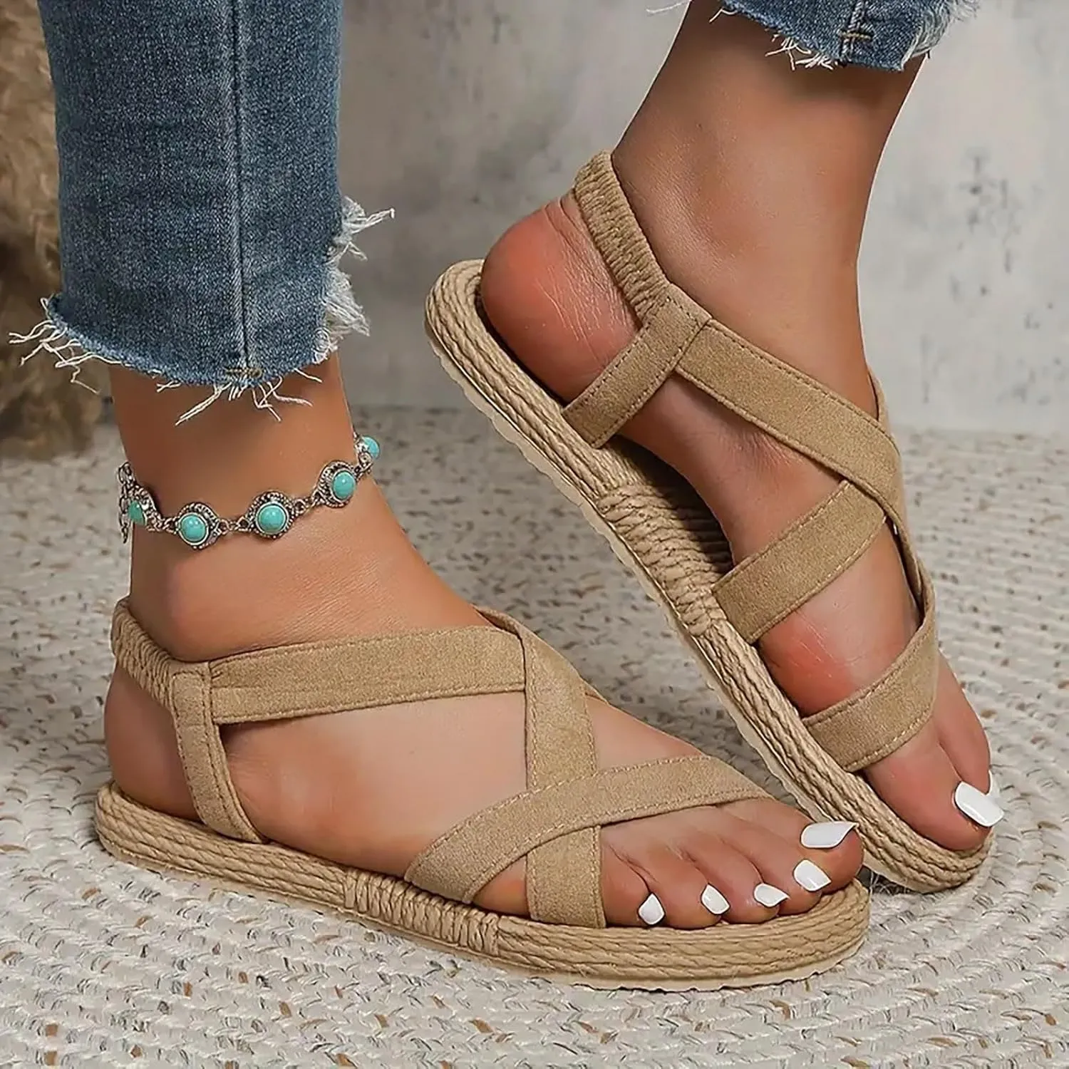 Summer Versatile Sandals for Women Rhinestone Open Toe Slip on Casual Sandal Rhinestone Decorative Sandals