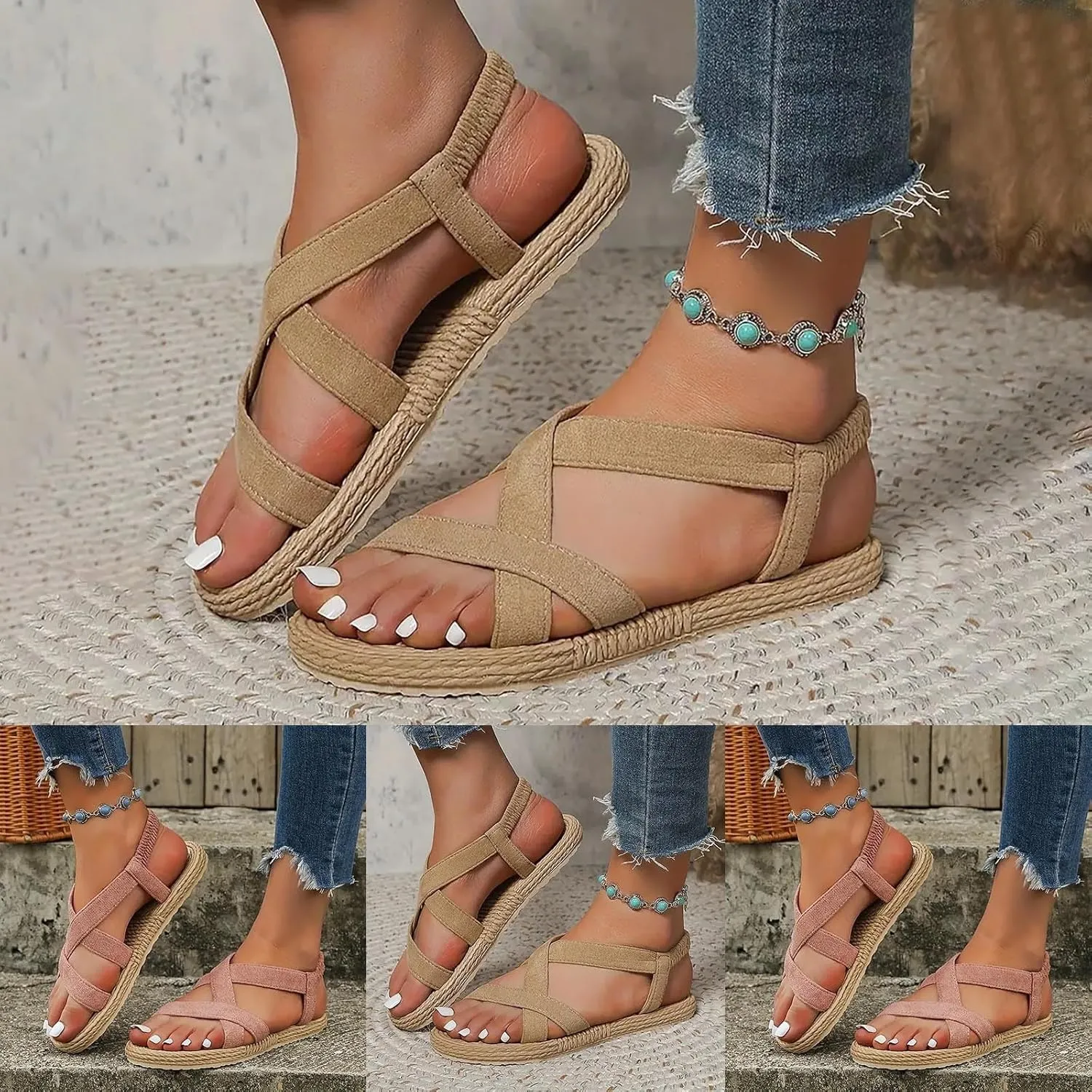 Summer Versatile Sandals for Women Rhinestone Open Toe Slip on Casual Sandal Rhinestone Decorative Sandals