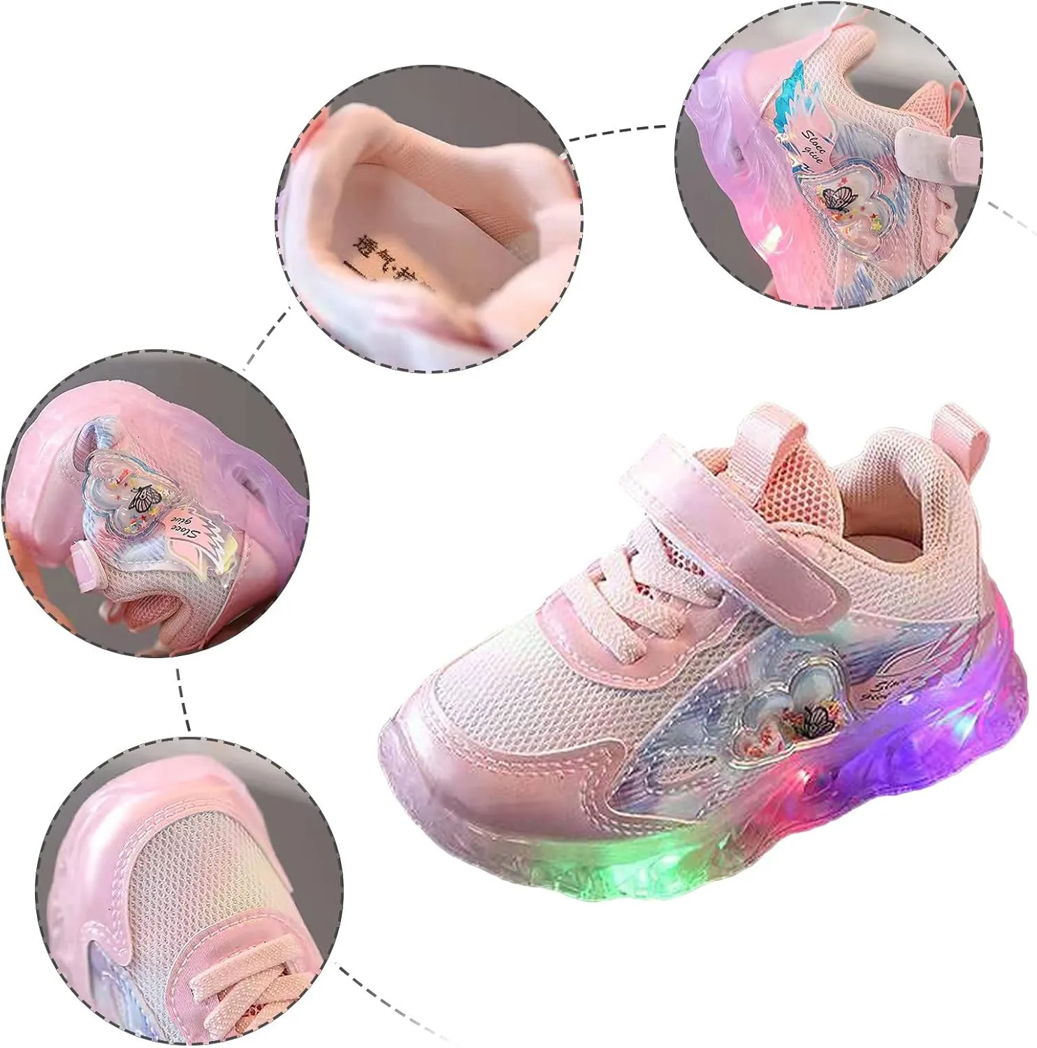 Toddler Baby Girls Mesh Breathable Light Up Sneaker Butterfly Pattern Hook Loop Non Slip Sports Shoes Sports Shoes