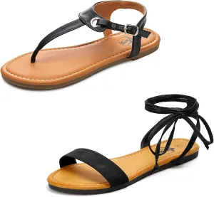 Trary Black Flat Sandals for Women Dressy Summer bundle with Black Strappy Sandals for Women