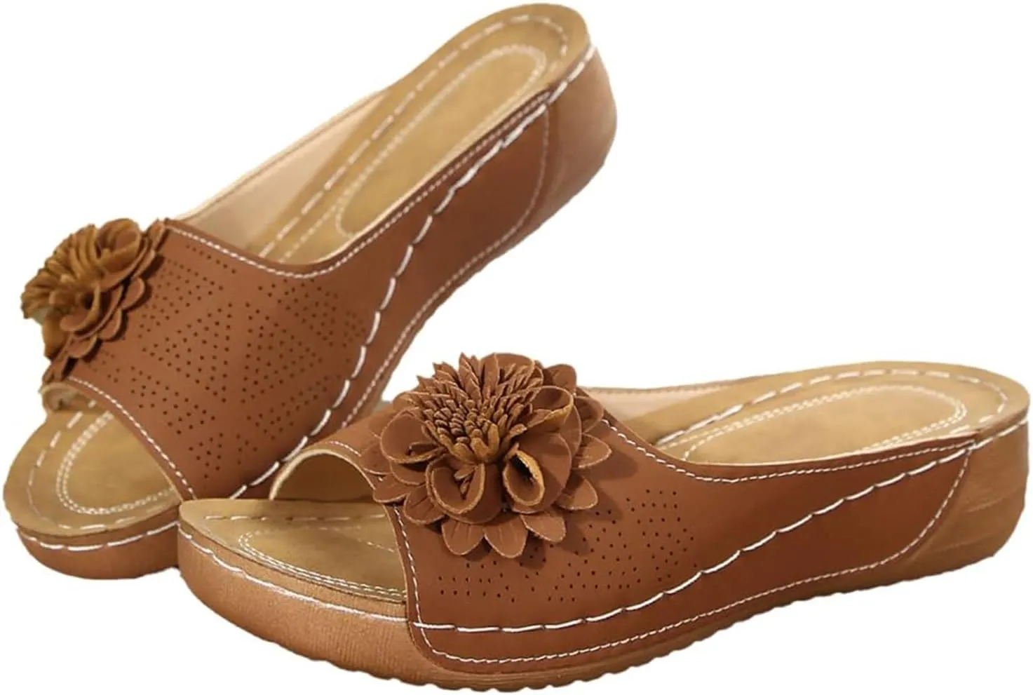 Wedge Sandals for Women Summer Beach Floral Embellished Comfort Sandals Mesh Breathable Open Toe Slip On Shoes