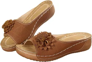 Wedge Sandals for Women Summer Beach Floral Embellished Comfort Sandals Mesh Breathable Open Toe Slip On Shoes