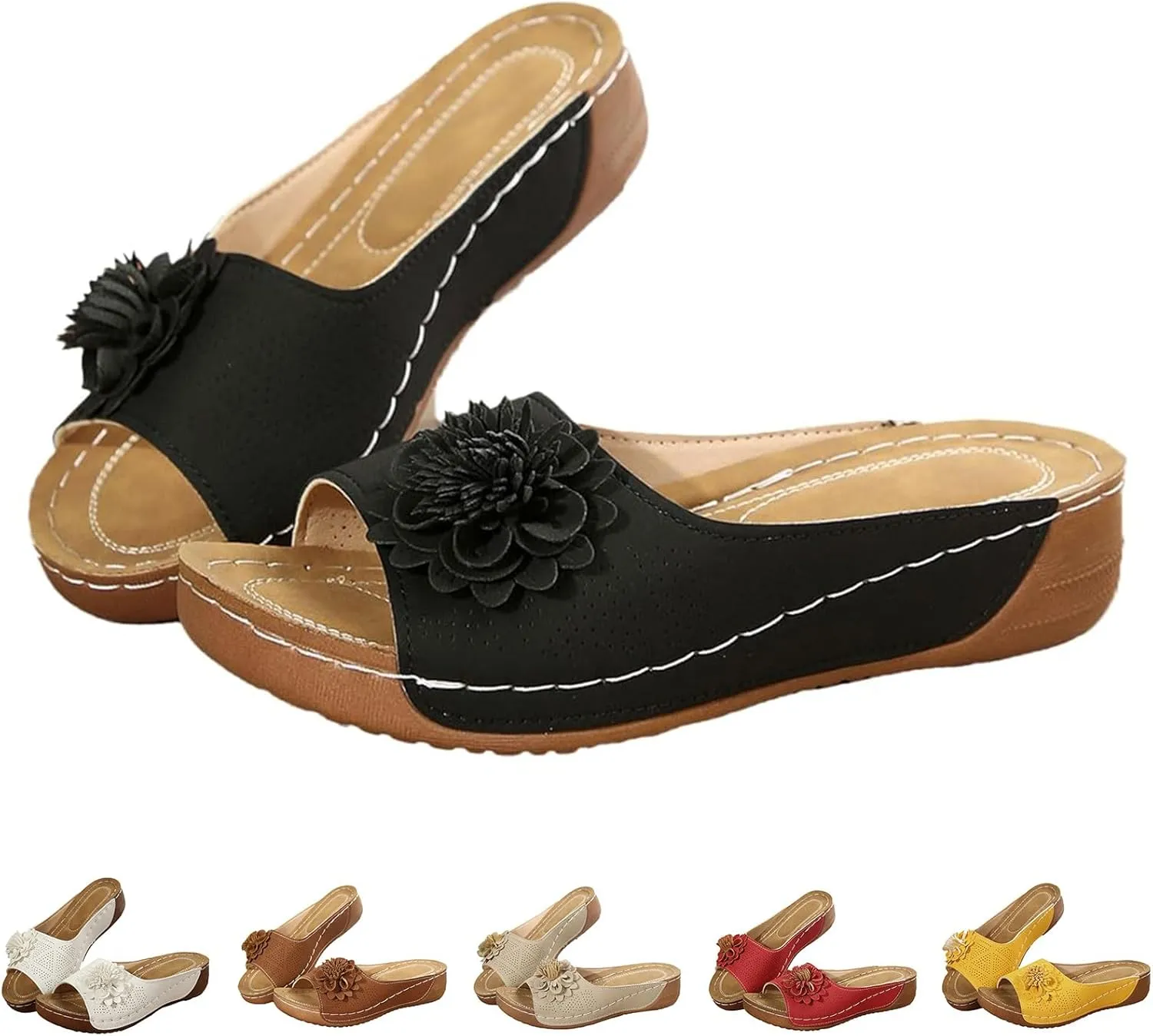 Wedge Sandals for Women Summer Beach Floral Embellished Comfort Sandals Mesh Breathable Open Toe Slip On Shoes