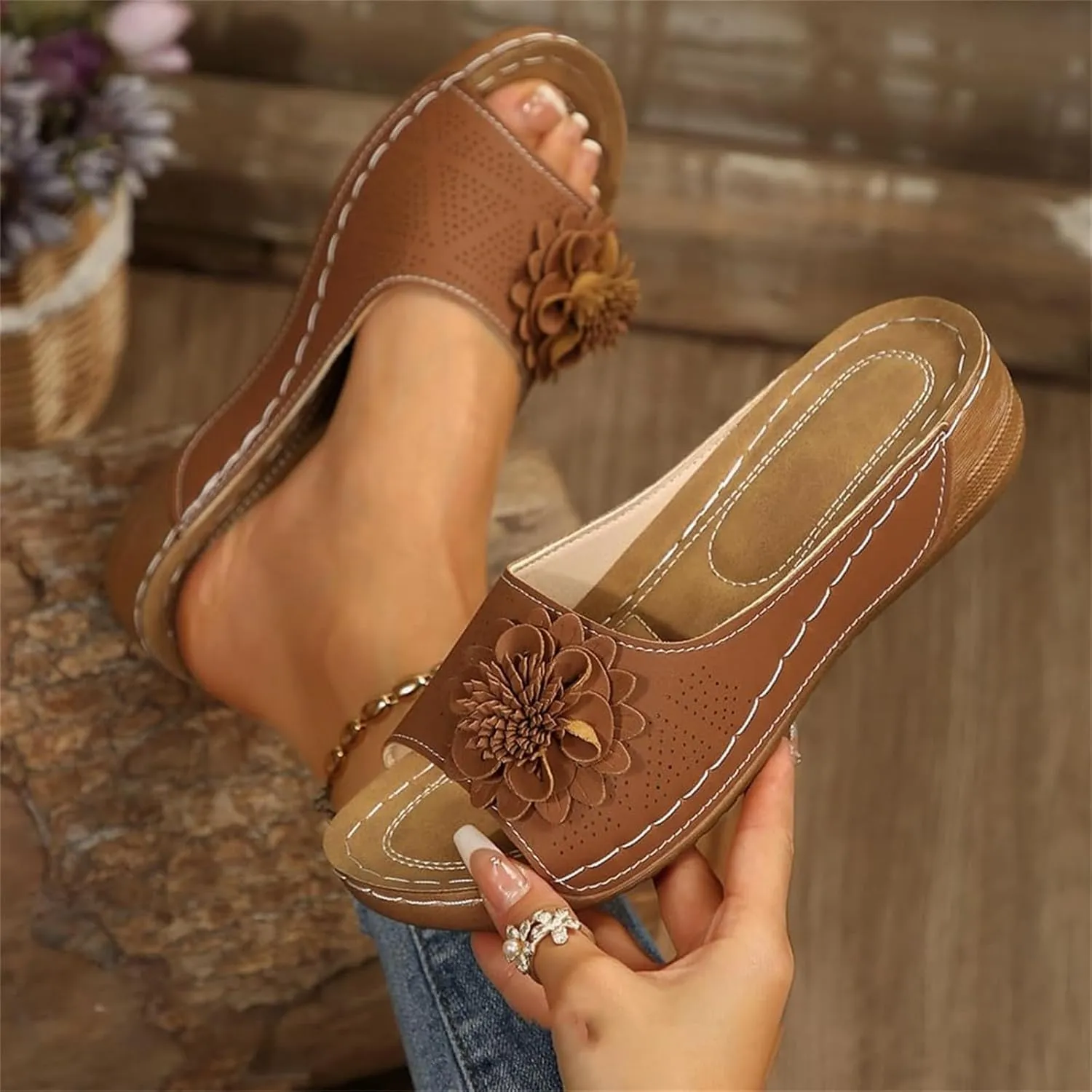 Wedge Sandals for Women Summer Beach Floral Embellished Comfort Sandals Mesh Breathable Open Toe Slip On Shoes