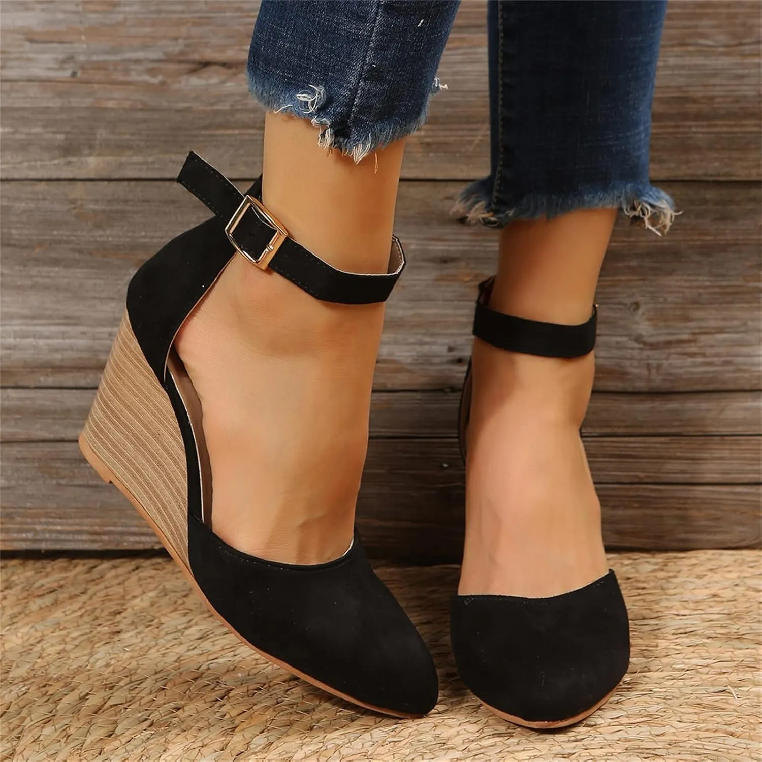 Wedge Sandals for Women, Summer Fashion Closed Toe Wedge Sandals Women Buckle Strap Pointed Toe High Heel Sandals