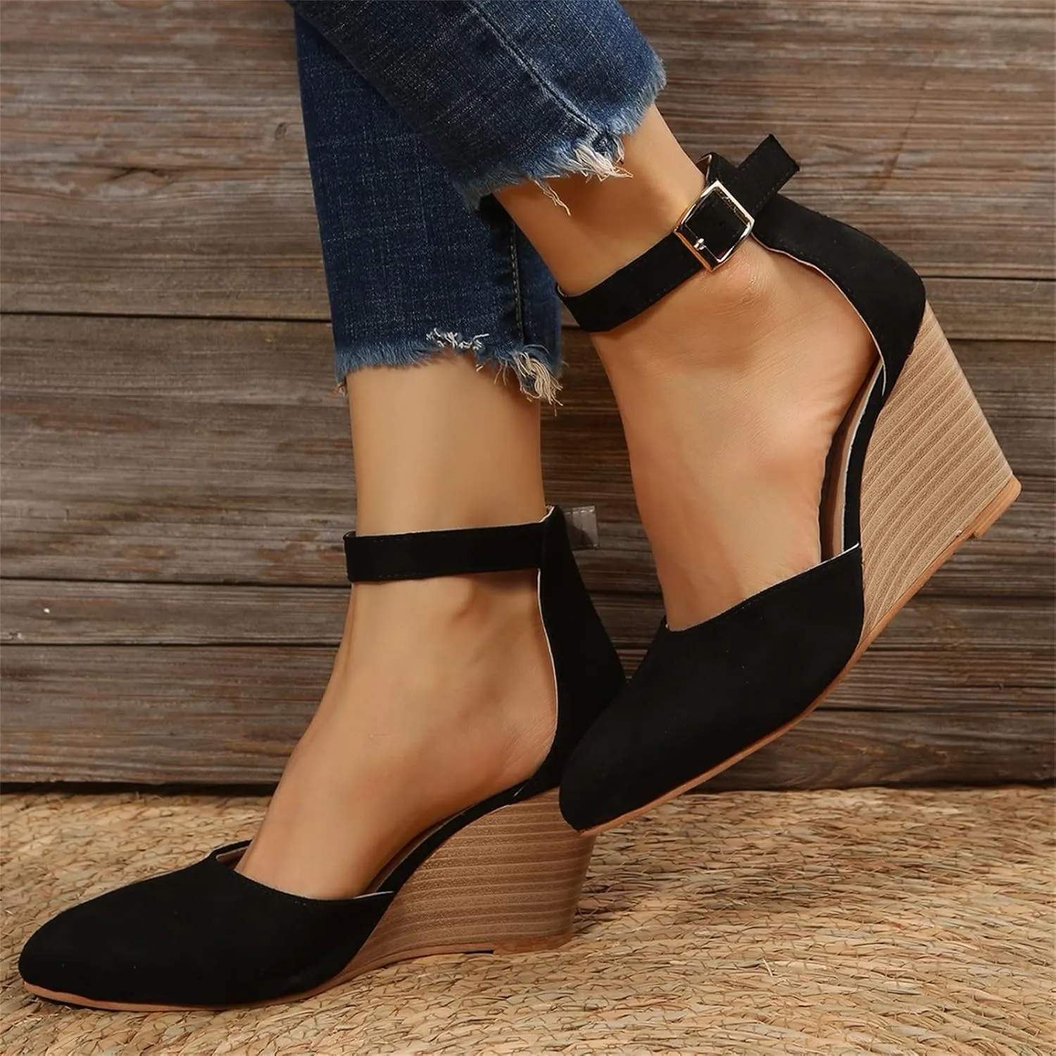 Wedge Sandals for Women, Summer Fashion Closed Toe Wedge Sandals Women Buckle Strap Pointed Toe High Heel Sandals