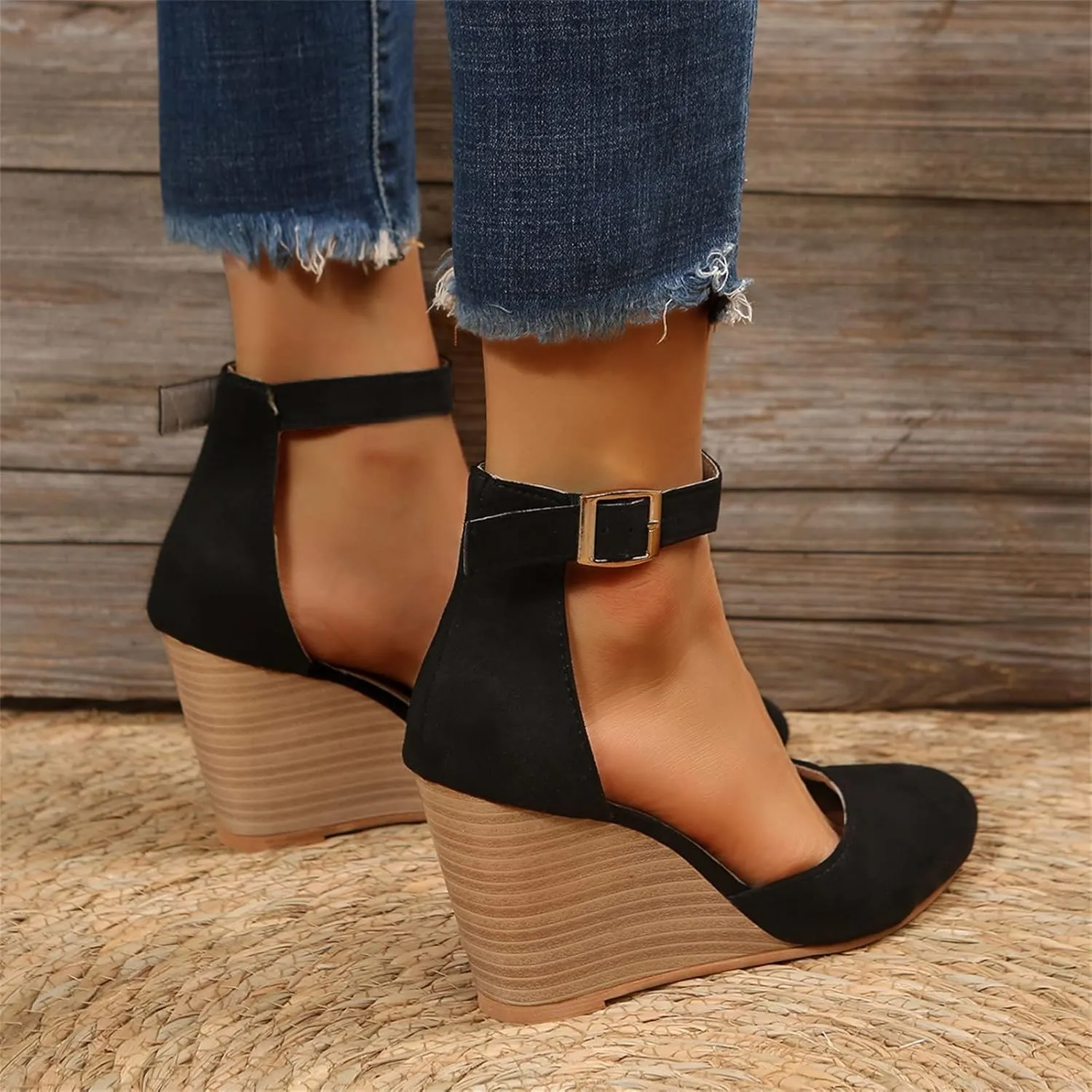 Wedge Sandals for Women, Summer Fashion Closed Toe Wedge Sandals Women Buckle Strap Pointed Toe High Heel Sandals