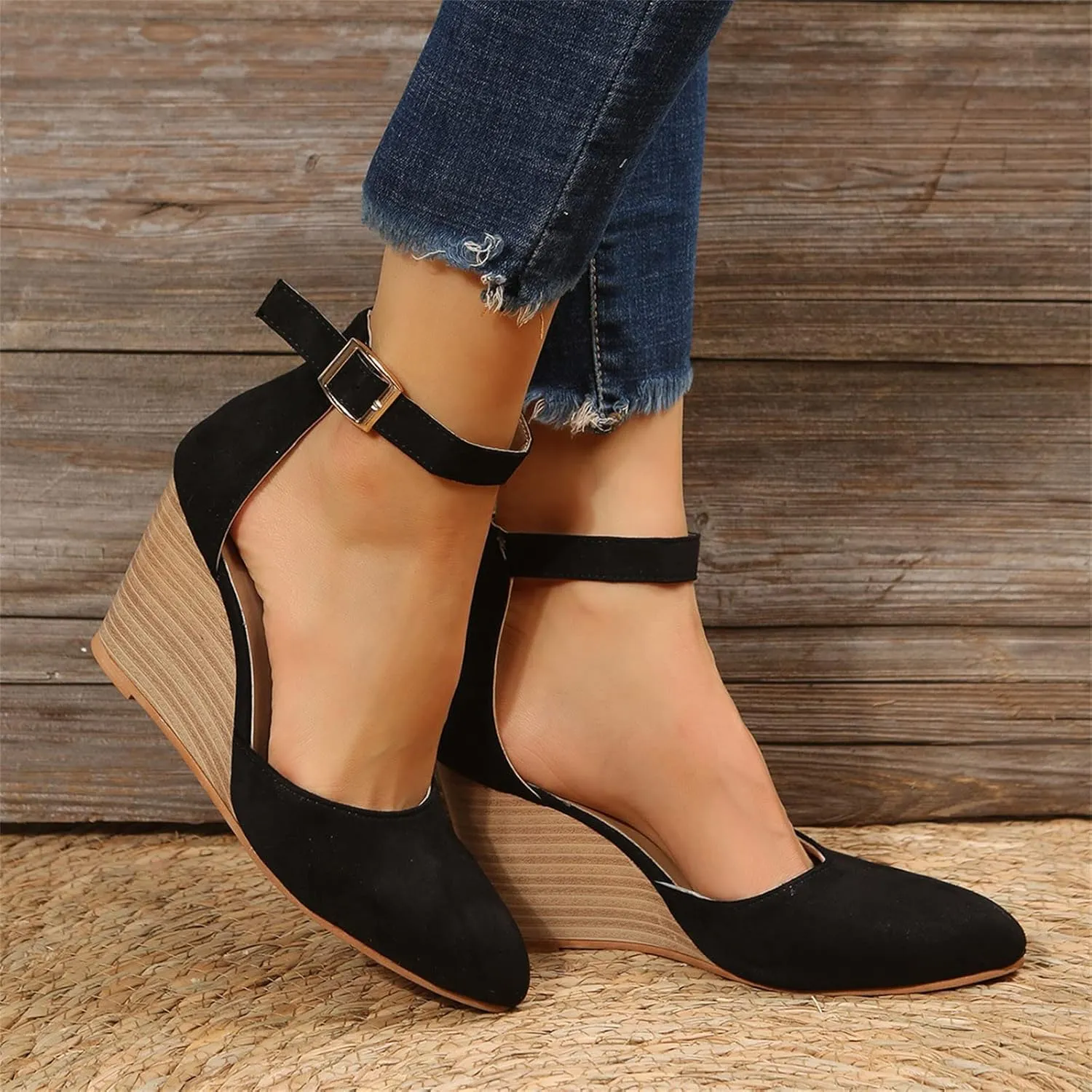 Wedge Sandals for Women, Summer Fashion Closed Toe Wedge Sandals Women Buckle Strap Pointed Toe High Heel Sandals