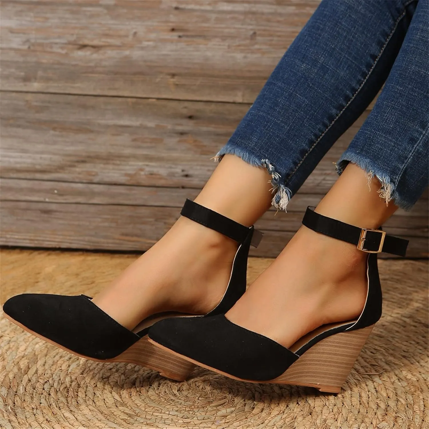 Wedge Sandals for Women, Summer Fashion Closed Toe Wedge Sandals Women Buckle Strap Pointed Toe High Heel Sandals