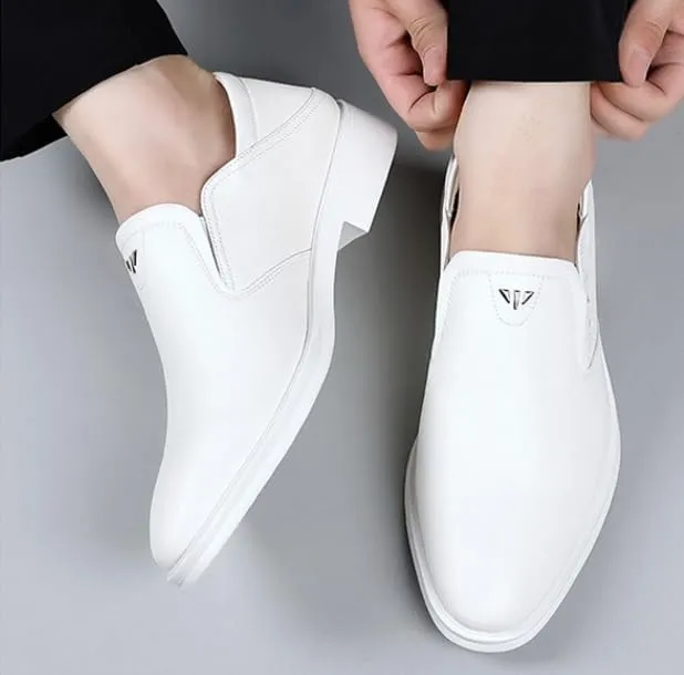 White Men's Slip-On Dress Shoes Casual Wedding Work Patent Leather Business Oxfords Shoes Classic Pointed Toe Comfortable Loafers