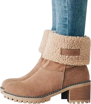 Winter Boots For Women Comfortable Slip On Mid Chunky Heel Suede Warm Snow Ankle Boots Outdoor Shoes Horseback Riding Boots for Women Calf High Size6.5