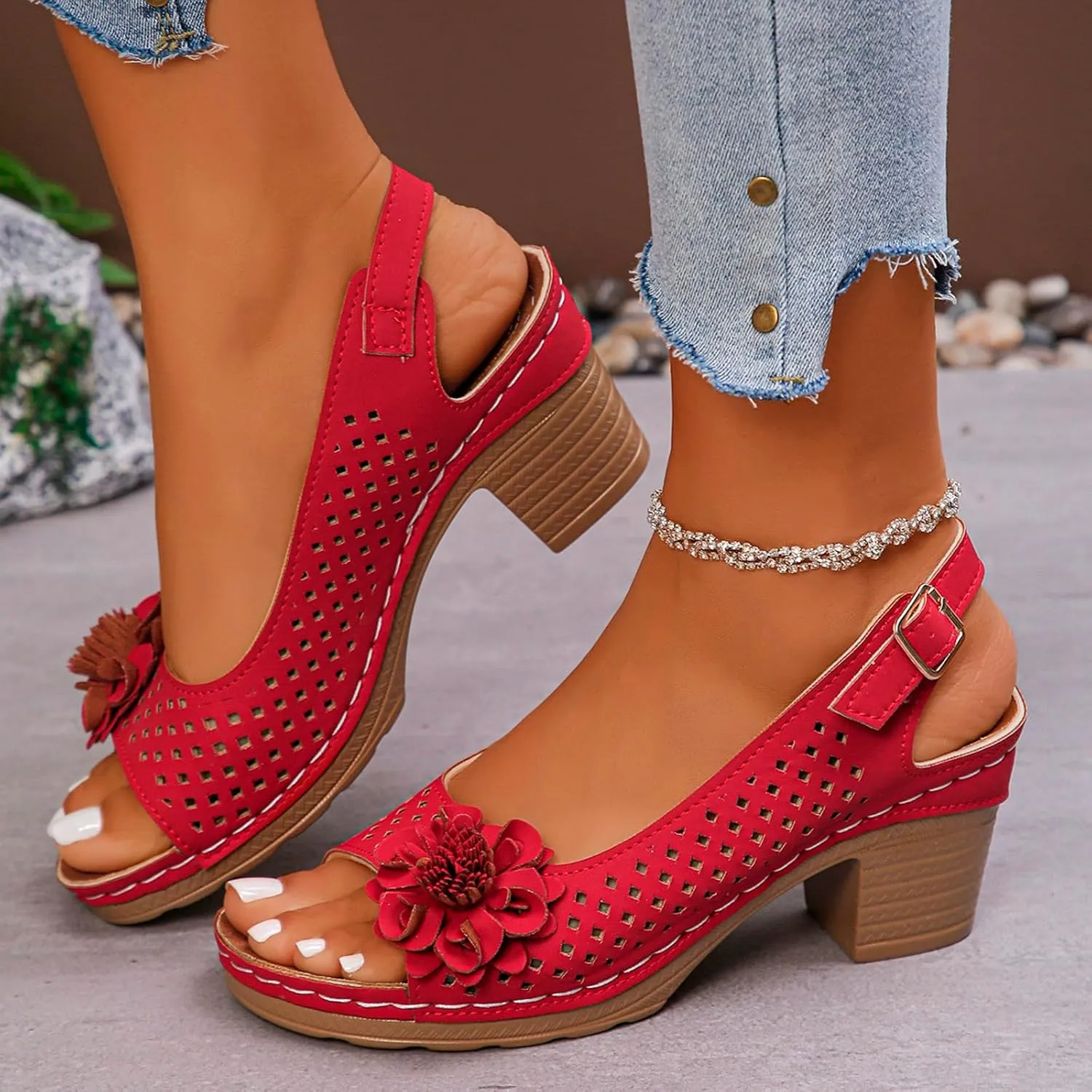 Women Comfy Casual Shoe Open Toe Hollow Flower Wedge Heel Slippers Sandals Flip Flops Women 8 Sandals